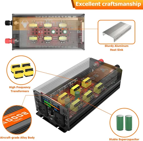 Vista 3 de Inversor de potencia de 2000 vatios, convertidor de 12 V CC a 110 V CA para automóvil/exterior, con pantalla LED, dos tomas de CA, puerto USB, dos