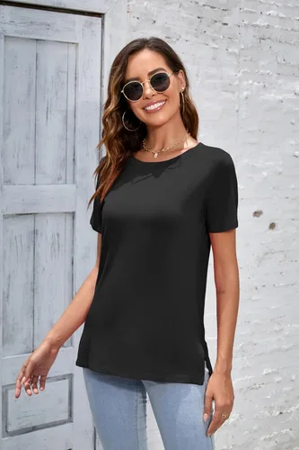 Vista 3 de Herou - Camisetas de manga largamanga corta para mujer, estilo informal, con división lateral