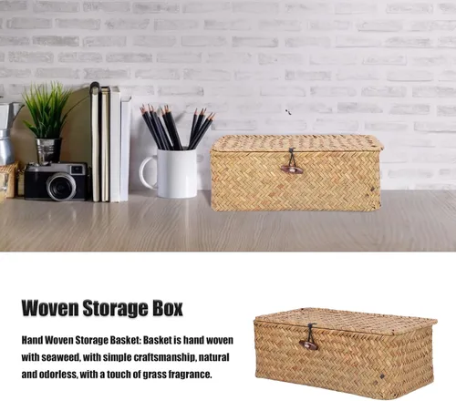 Vista 4 de Cesta de almacenamiento de hierba marina natural, cesta rectangular tejida de ratán natural con tapas, organizador de escritorio, cesta decorativa