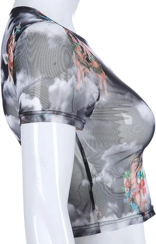 Vista 2 de HitZoom Blusa corta de malla con bordado de diablo transparente para mujer