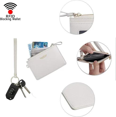 Vista 5 de Estuche Delgado para Tarjetas RFID para Mujer con Correa de Muñeca, Cartera con Cremallera para ID, Cartera de Cuero Pequeña, Monedero con Llavero
