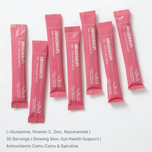 Vista 6 de byAVA Jelloskin Skin + Gut Essential - Polvo de refuerzo prebiótico L-glutamina 1500 mg, vitamina C, zinc, niacinamida 30 porciones Piel