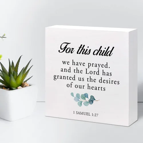 Vista 5 de For This Child I Have Prayed 1 Samuel 1:27 - Caja de madera con versículo bíblico para decoración de escritorio, letrero de madera cristiana