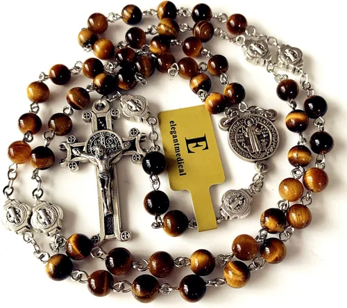Vista 3 de elegantmedical Catholic Nice Saint St. Benedict Tiger Eye Beads Gift Rosario Collar Cruz Jerusalén, Cobre