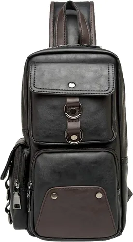 Vista 2 de Mochila estilo bandolera de piel para hombres y mujeres, bandolera de hombro, al pecho, mochila de uso diario para viajes, al aire libre
