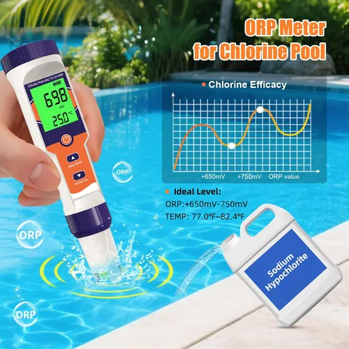 Vista 2 de Probador digital de sal de piscina 7 en 1 pH, ORP, Salinity, TDS, EC, Temperature Meter, For Saltwater Pools, Hot Tubs, Spas, Aquariums, Azul