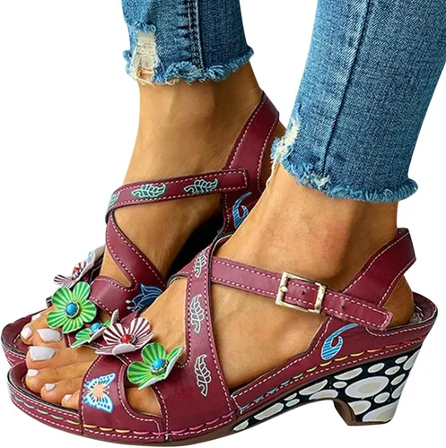 Vista 2 de ZiSUGP Sandalias de tacón bajo con correa al tobillo para mujer, estilo retro, con diseño de flores, de tacón bajo, para verano, bohemias, Rojo, 8