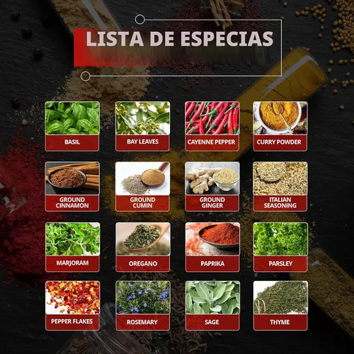 Vista 3 de Orii Estante giratorio para especias de 16 tarros con especias incluidas – Estantes de especias prellenos con programa de recarga de 5 años
