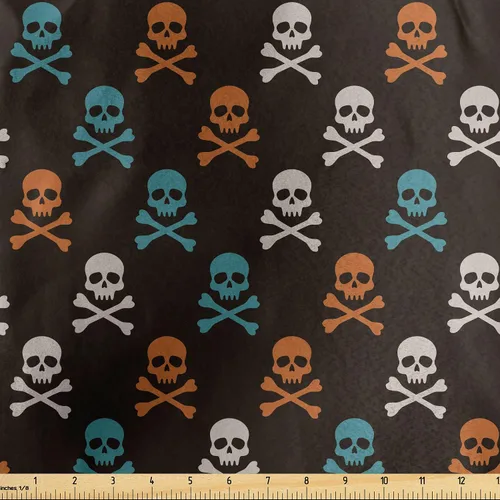 Vista 139 de Ambesonne The Yard, tela de calavera colorida con temática de Halloween, diseño de calavera y huesos cruzados, divertido estampado de dibujos