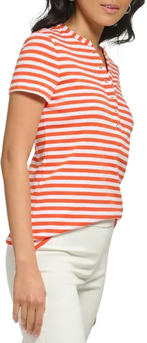 Vista 2 de Calvin Klein Cuello redondo a rayas de manga corta con detalle de broche cómodo para mujer