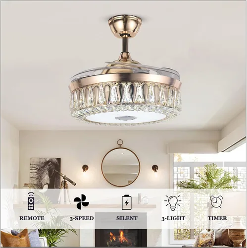 Vista 5 de Ventilador de techo de cristal moderno de 42 pulgadas con control remoto retráctil inteligente Bluetooth dorado con 7 luces RGB regulables