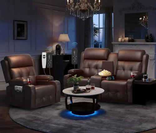 Vista 29 de Sofá reclinable de dos plazas, asientos de cine en casa, sofá reclinable con USB, consola central, sillón reclinable de pared para caravana
