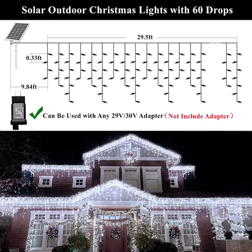 Vista 4 de KiflyTooin Luces Solares de Navidad para Exteriores Impermeables Luces de Cortina para Decoraciones de Navidad 320 LED 29.5 pies 60 Gotas, Luces