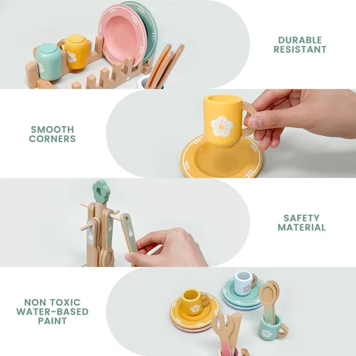 Vista 3 de Accesorios de cocina de madera para niños pequeños de 3 años en adelante, 22 piezas de cocina para niños con lindo estante para cubiertos y estante
