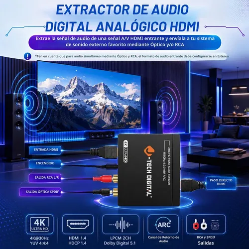 Vista 4 de J-Tech Digital Convertidor extractor de audio HDMI 4K 60Hz con óptica SPDIF, 3 modos de audio EDID, paso HDCP y soporte de sistema AV heredado