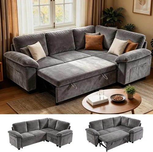 Vista 18 de 86" L-Shaped Sectional Sleeper Couch, Modular Pull-Out Storage Sofa Bed Green