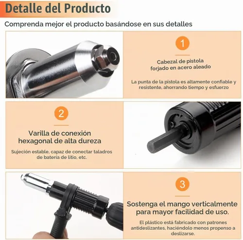Vista 3 de Kit de adaptador de pistola de remache Pop, taladro eléctrico sin cable con accesorios de remache, con 4 cabezas de remache de 2.4mm, 3.2mm, 4.0mm