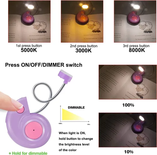 Vista 3 de Luz de libro, luz de lectura LED, luces de lectura para libros en la cama, luz de lectura de libros recargable por USB, luz de libro regulable de 3