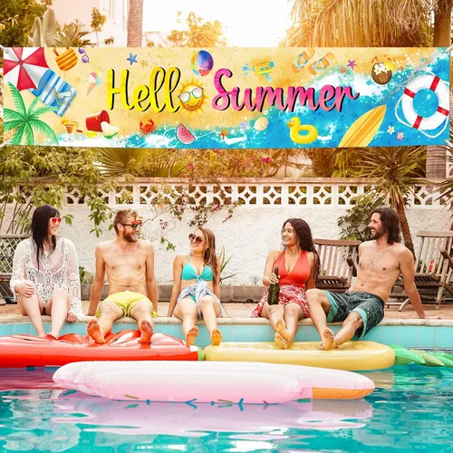 Vista 7 de Decoraciones de fiesta de verano en la playa, pancarta para piscina, tabla de surf, suministros de fiesta, letrero grande para patio hawaiano