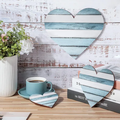 Vista 3 de Jetec 3 piezas de decoración rústica de madera con forma de corazón de madera para el hogar, placa colgante para cocina, dormitorio, baño, sala