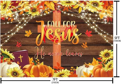 Vista 5 de AIBIIN Fondo de otoño de 7 x 5 pies, decoración de fiesta de Acción de Gracias, religión cristiana, fondo de poliéster, pancarta de calabaza