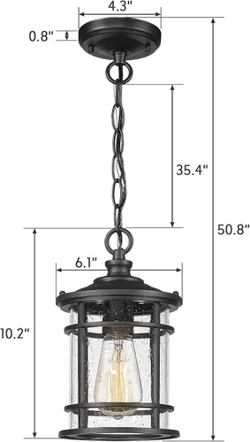 Vista 2 de Emliviar Lámpara colgante moderna para exteriores - Luz colgante para porche con pantalla de vidrio semillado en acabado negro, XE229H-S BK
