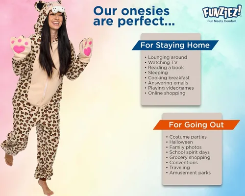 Vista 5 de Funziez! Slim Cat and Bear Adult Onesie - Leopard Halloween Costume - Plush Animal One Piece Cosplay Suit for Adults Women