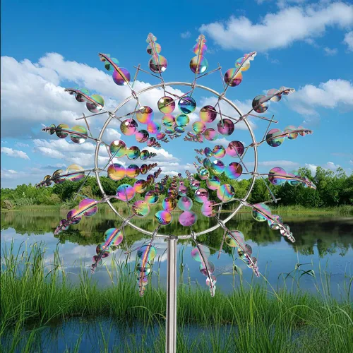 Vista 4 de Molino de viento metálico único y mágico, 2 hilanderos de viento, escultura cinética alimentada por viento 3D, molinos de viento de acero
