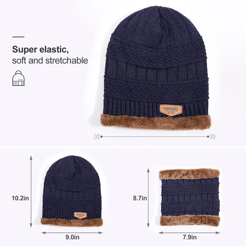 Vista 2 de Conjunto de bufanda y gorro de invierno, gorro cálido con forro polar, gorro de punto grueso para hombres y mujeres
