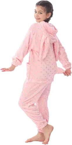 Vista 3 de WOYASIM Disfraz de franela para niños, disfraz de conejo de Pascua con lunares para niñas y niños, lindo conejo rosa