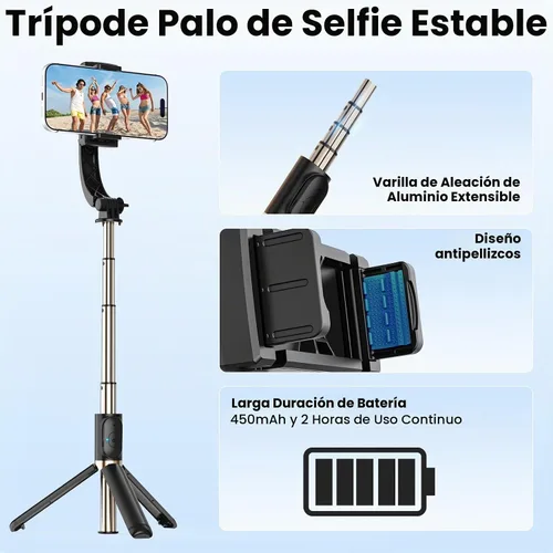 Vista 7 de Estabilizador de cardán para smartphone, cardán de mano de equilibrio automático de 1 eje, trípode extensible giratorio de 360°, control remoto Negro
