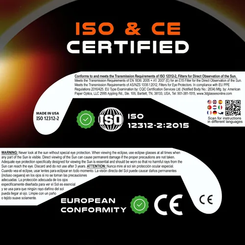 Vista 3 de 6/12/25/50 Pack Solar Eclipse Glasses AAS Approved 2026, ISO 12312-2 Certified Made in USA