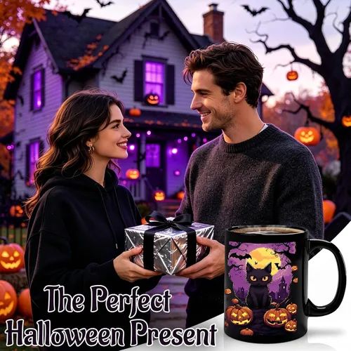 Vista 8 de Caliamary Halloween Color Changing Mug – 11oz Heat Sensitive Coffee Cup with Black Cat & Pumpkin, Novelty Ceramic Mug, Fun Gift for Friends, Women