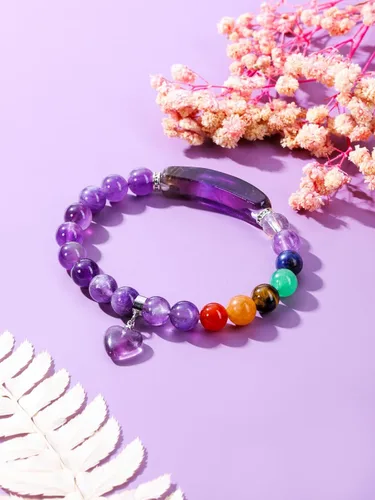 Vista 2 de Jovivi Pulseras de 7 chakras para mujeres y hombres, piedras preciosas naturales de chakras de 0.315 pulgadas, cuentas redondas de amatista, pulsera