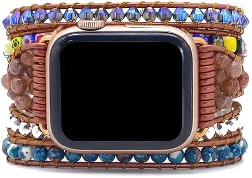 Vista 3 de Correa de reloj de cuerda trenzada con cuentas, estilo bohemio, gira 5 veces, múltiples capas, compatible con reloj Apple Watch de 45 mm, 41 mm, 44