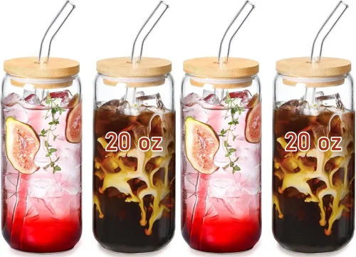 Vista 7 de VITEVER Tazas de vidrio de 20 OZ con tapas de bambú y pajita de vidrio - Juego de vasos para beber con forma de lata de cerveza, vasos para café