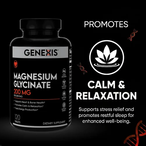 Vista 5 de Genexis Glicinato de magnesio 200 mg – Suplemento de magnesio de alta absorción – Apoya la salud del corazón, los huesos y los músculos, promueve