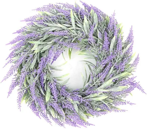 Vista 8 de Buachois Corona de lavanda artificial de 11 pulgadas para puerta delantera, corona de flores moradas con hojas verdes, corona de granja
