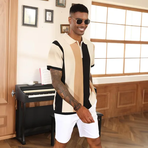 Vista 5 de Camisas polo de moda para hombre, camisas de punto vintage a rayas, camisas de golf casuales ajustadas