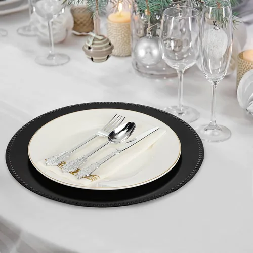 Vista 5 de Jinei Paquete de 36 platos de carga negros de 13 pulgadas con cuentas de plástico redondos, decoración de mesa de boda, bandeja reutilizable