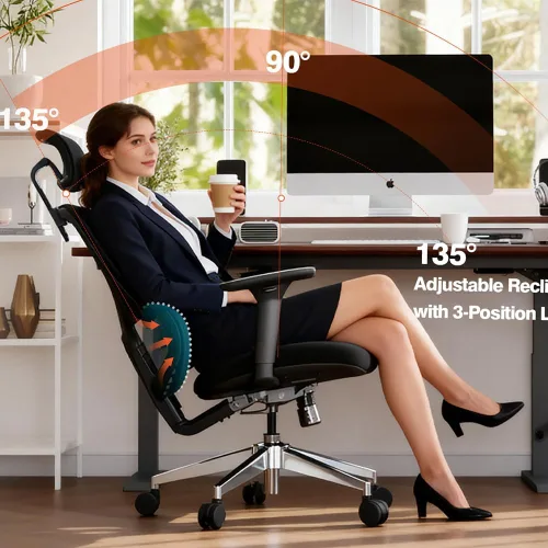 Vista 5 de Jacia House Silla ergonómica de malla negra para oficina en casa, silla de juegos grande y alta, soporte lumbar de alto ajuste, reposabrazos 4D