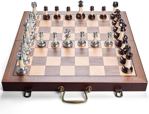 Vista 8 de Juego de ajedrez de lujo de 16.5 pulgadas, tablero de ajedrez plegable grande de madera con asa, piezas de ajedrez acrílicas con peso - Rey de 3.5