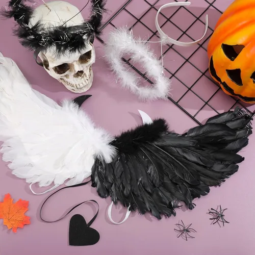 Vista 6 de Liliful 3 piezas de alas de diablo de ángel con diadema, disfraz doble de ángel diablo para niños y adultos, disfraces de Halloween con correas