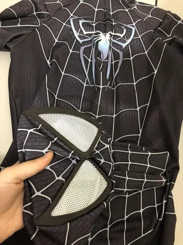 Vista 8 de PEFGRP El disfraz de superhéroe negro de Halloween está hecho de tela de elastano, transpirable y elástica