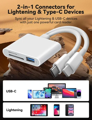 Vista 3 de Lector de tarjetas SD para iPhone iPad Lightning USB-C Adaptador de tarjeta de memoria de doble conector con ranuras dobles y puerto USB Visor