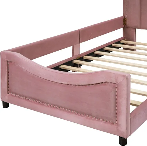 Vista 8 de Sofá cama tapizado tamaño individual, bonito sofá cama de cuero de terciopelo con cabecera clásica en forma de rayas, base de cama de madera