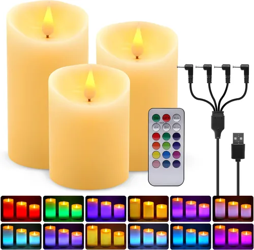 Vista 8 de 3 PZS Velas LED de Cera Real Recargables Sin Llama, Blanco Cálido, Control Remoto, D2 x H4", Brillo Ajustable Parpadeante Operadas con Batería Velas