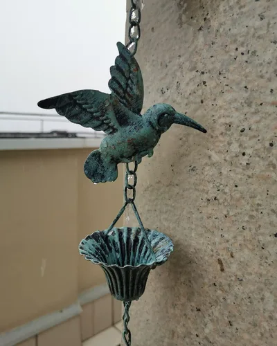 Vista 3 de Cadena de lluvia de 8.5 pies, cadenas de lluvia de colibrí y taza Azul Pájaro