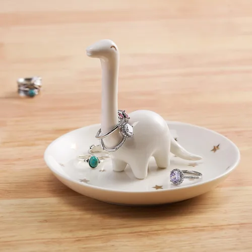 Vista 3 de PUDDING CABIN Soporte para anillos de dinosaurio blanco, regalos de cumpleaños para mujeres, bandeja de joyería única para anillos, aretes