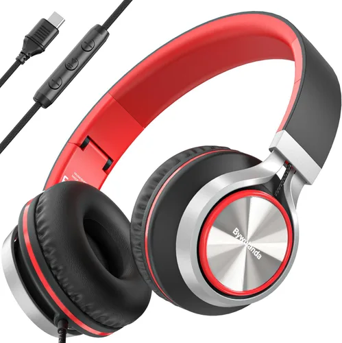 Vista 9 de Bywulanda - Auriculares con cable con micrófono y control de volumen, auriculares de diadema con cable, ligeros, plegables, con cable, estéreo